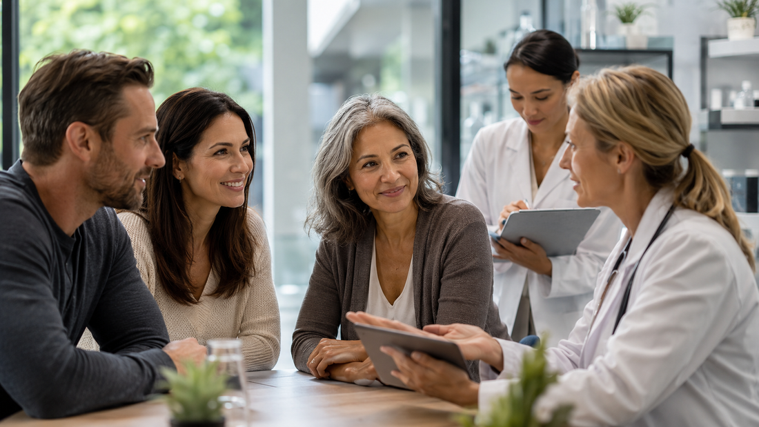 A couple consulting with clinical researchers about fertility health