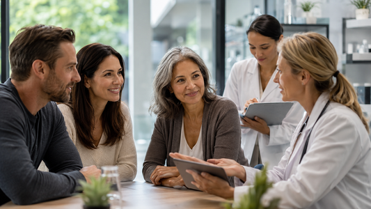 A couple consulting with clinical researchers about fertility health
